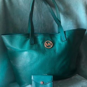 Michael Kors teal leather tote with matching vinyl wallet
